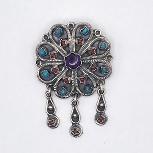 Vintage 925 Silver, Turquoise & Coral Brooch Matl